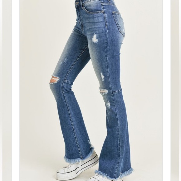 Risen Flare Distressed High Rise Jeans - Picture 4 of 12